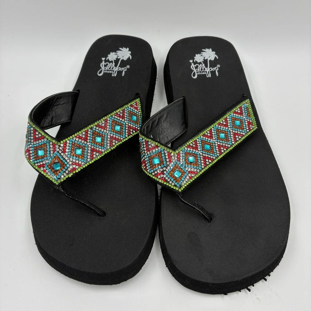 Jellypop Women's Flip Flops Size 9M Embellished Rhinestone Beaded Straps Black‎